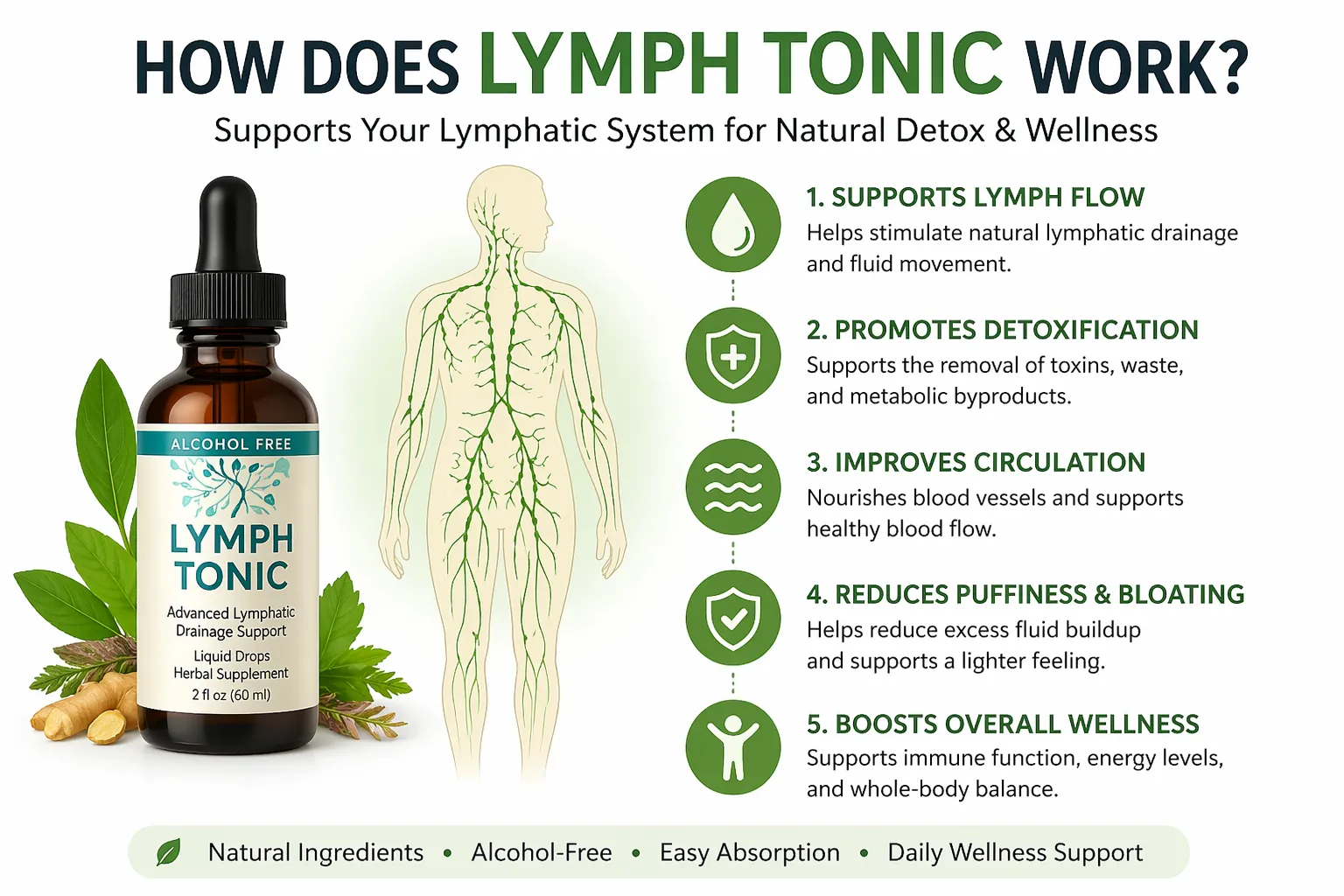 Lymph Tonic advanced lymphatic drainage support liquid drops, alcohol-free herbal supplement.